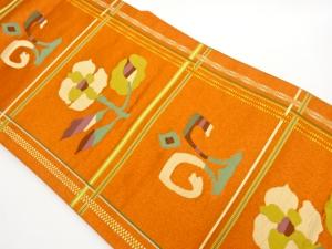 本場筑前博多格子に草花模様織出し名古屋帯